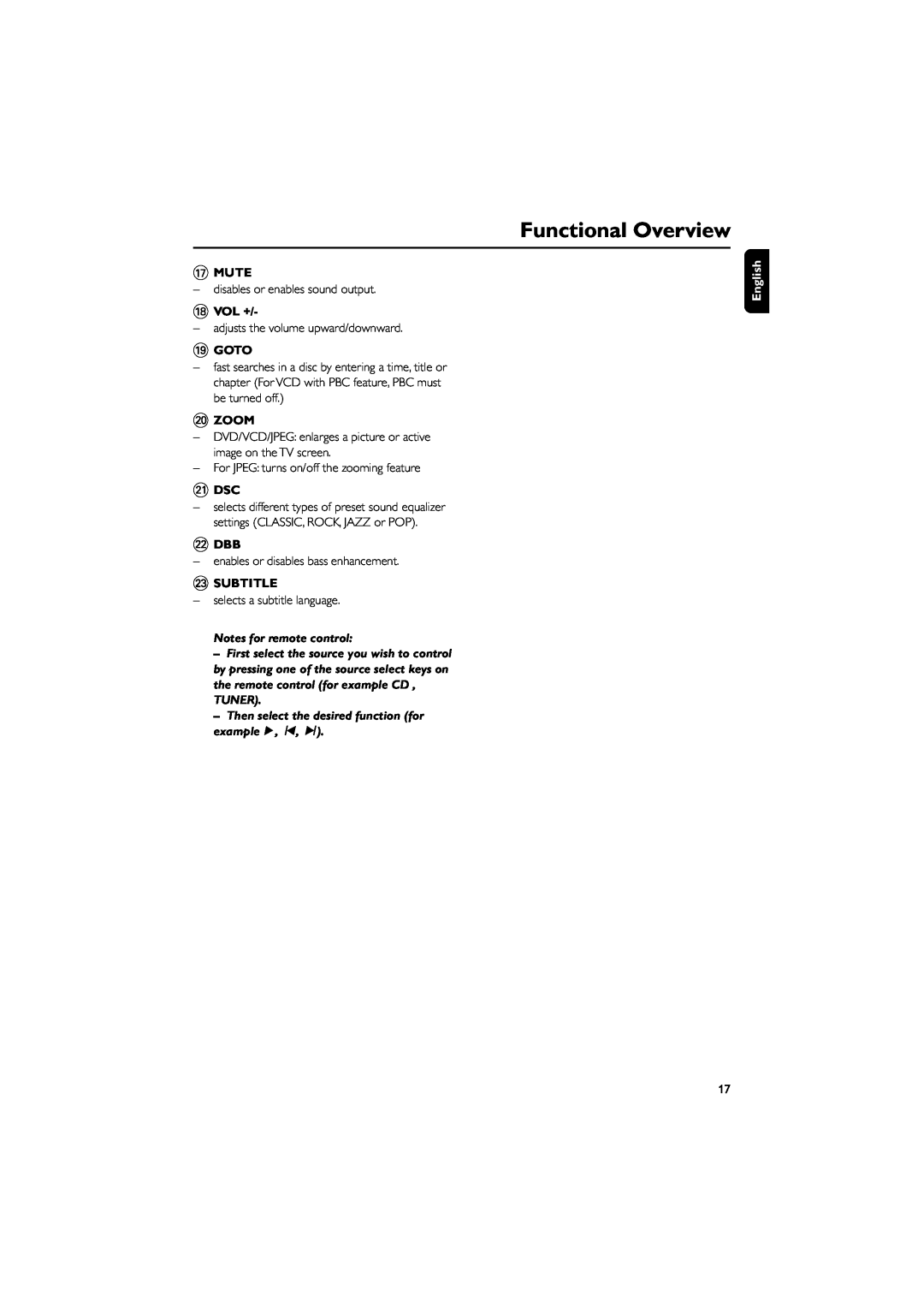 Philips MCD139 owner manual Functional Overview, Mute, Vol +, Goto, Zoom, ¡Dsc, £Subtitle, English 