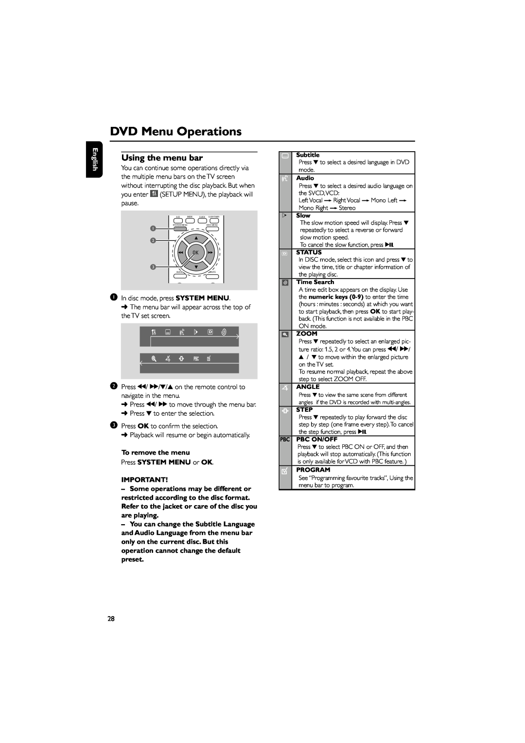 Philips MCD139 owner manual DVD Menu Operations, Using the menu bar, English, To remove the menu Press SYSTEM MENU or OK 
