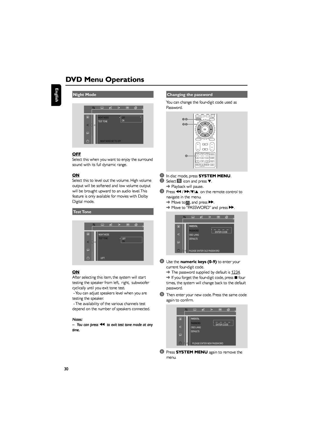 Philips MCD139 owner manual DVD Menu Operations, English, Night Mode, Test Tone, Notes, Changing the password 