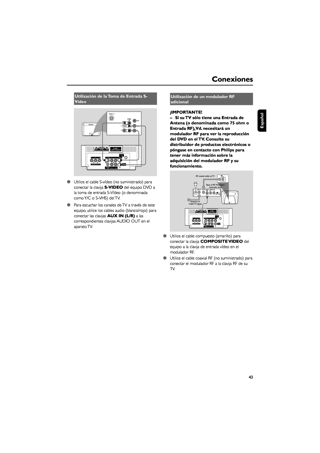 Philips MCD139 Conexiones, Utilización de la Toma de Entrada S, Vídeo, Utilización de un modulador RF adicional, Español 
