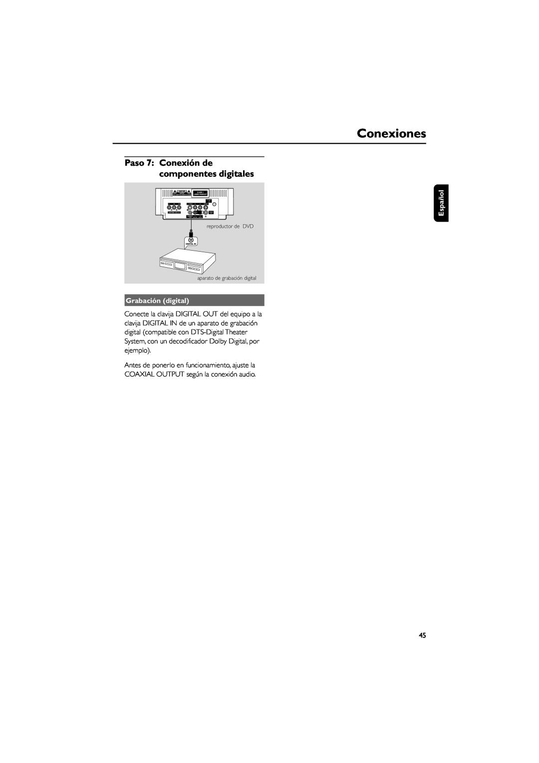Philips MCD139 user manual Paso 7 Conexión de componentes digitales, Conexiones, Grabación digital, Español, ANTENNA FM 75Ω 