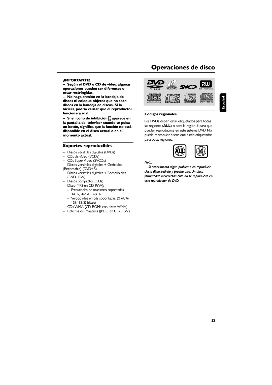 Philips MCD139 user manual Operaciones de disco, Soportes reproducibles, ¡Importante, Códigos regionales, Español, Nota 