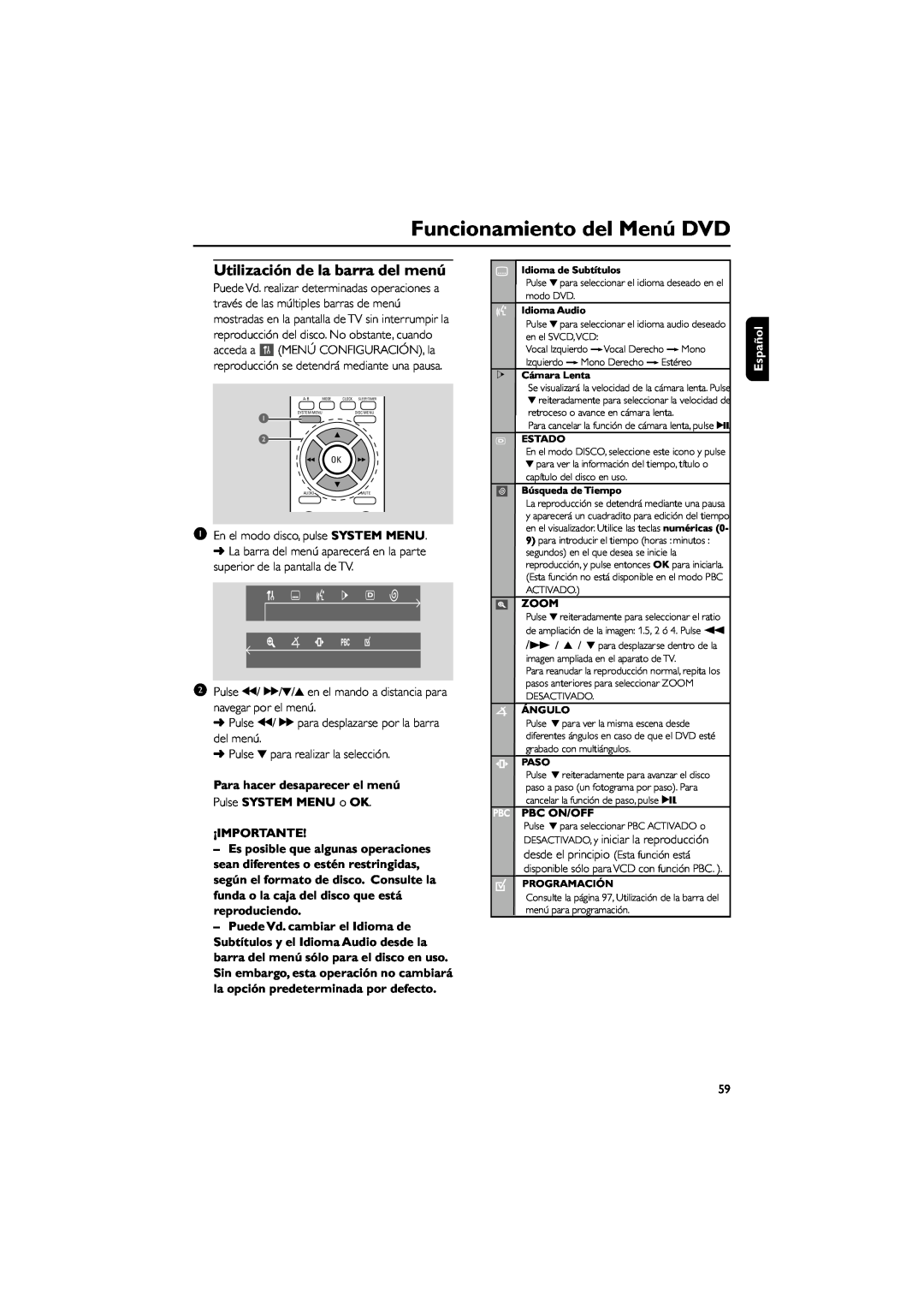 Philips MCD139 Funcionamiento del Menú DVD, Utilización de la barra del menú, Para hacer desaparecer el menú, Español 