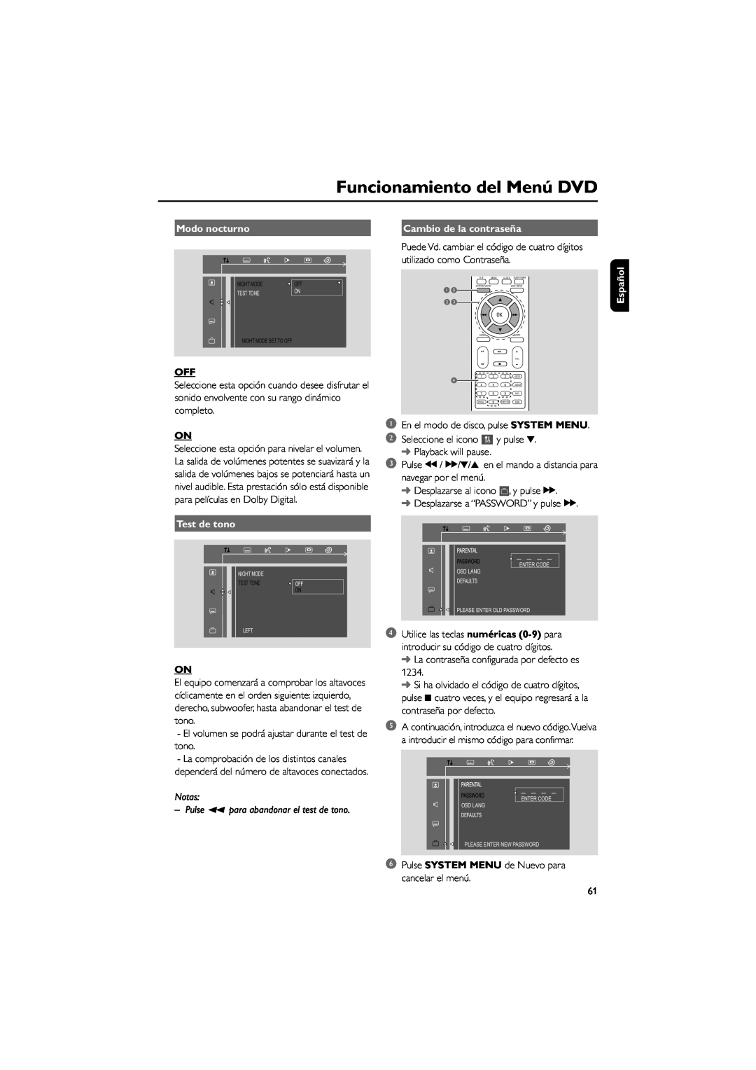 Philips MCD139 user manual Funcionamiento del Menú DVD, Modo nocturno, Test de tono, Cambio de la contraseña, Español 