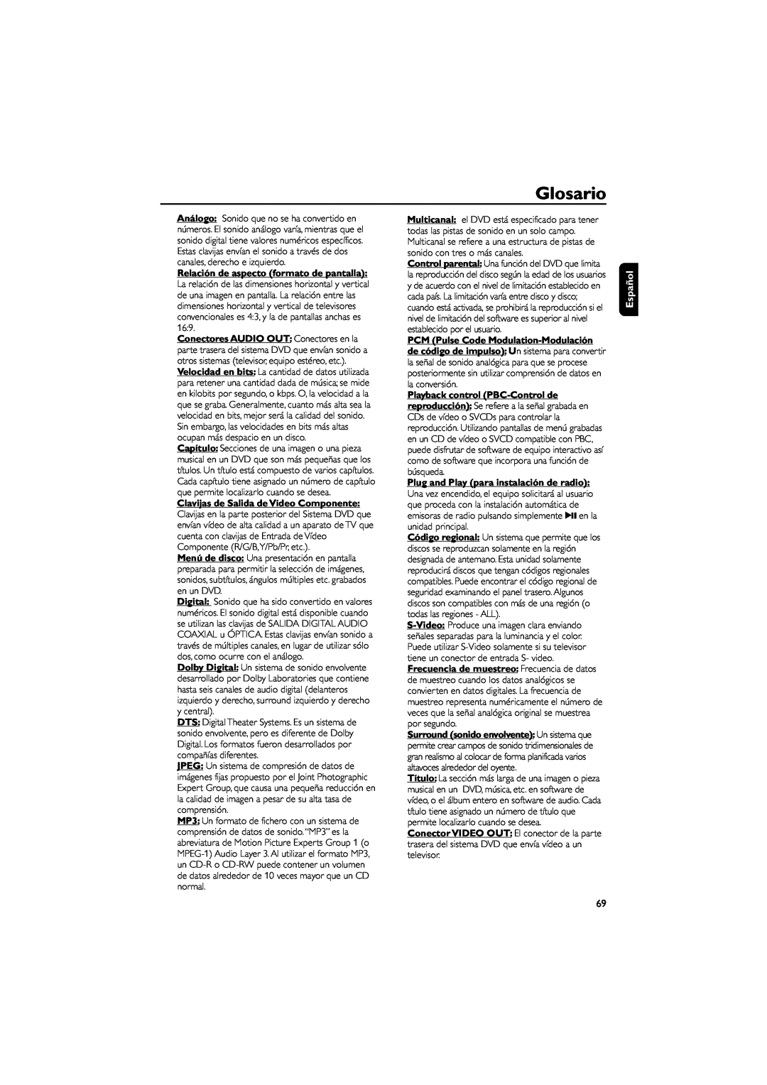 Philips MCD139 user manual Glosario, Español 