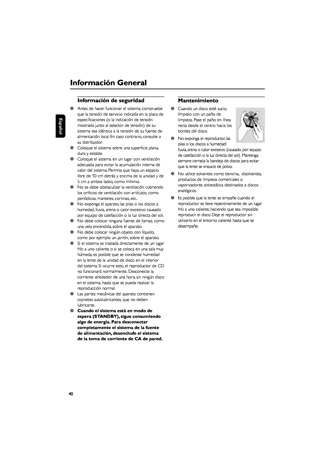 Philips MCD139 user manual Información de seguridad, Mantenimiento, Información General, Español 