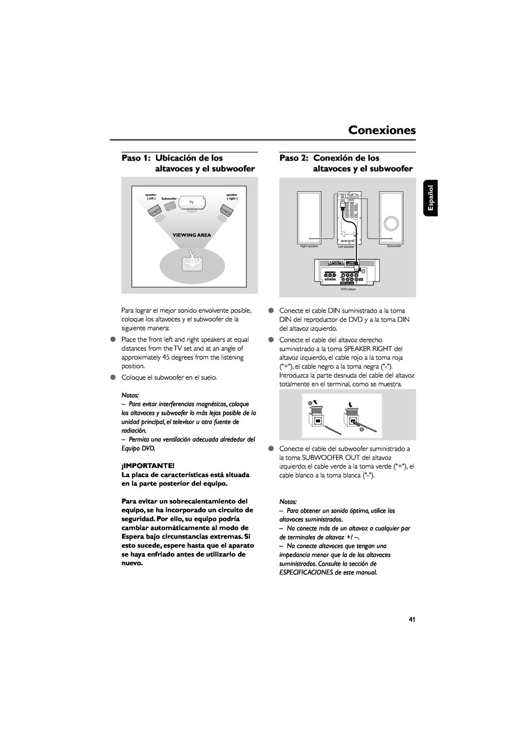 Philips MCD139 user manual Conexiones, Paso 1 Ubicación de los altavoces y el subwoofer, Notas, ¡Importante, Español 