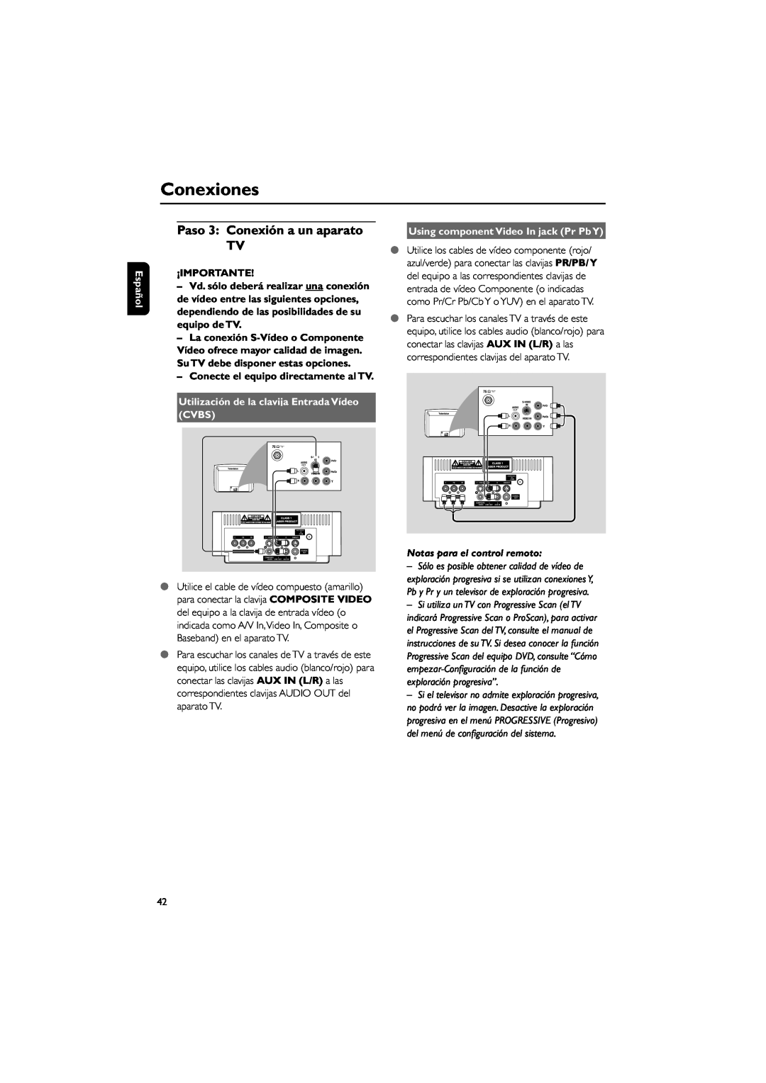 Philips MCD139 Paso 3: Conexión a un aparato TV, Conexiones, Español, ¡Importante, Using component Video In jack Pr PbY 