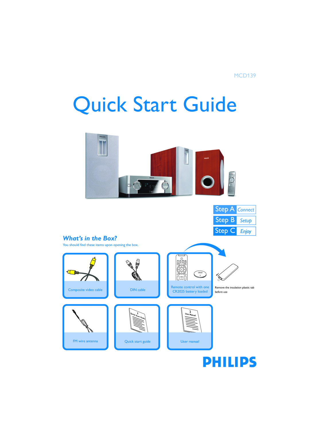Philips MCD139/79 quick start What’s in the Box?, Quick Start Guide, You should find these items upon opening the box 