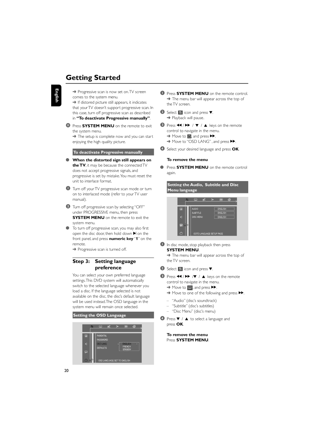 Philips MCD139B owner manual Setting language preference, To deactivate Progressive manually, Setting the OSD Language 