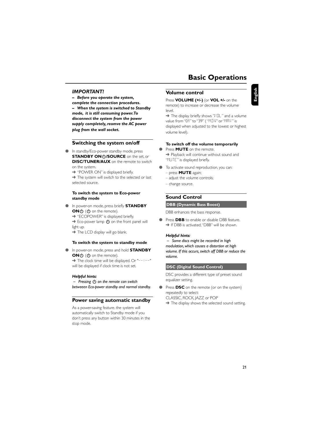 Philips MCD139B owner manual Basic Operations, Switching the system on/off, Power saving automatic standby, Volume control 