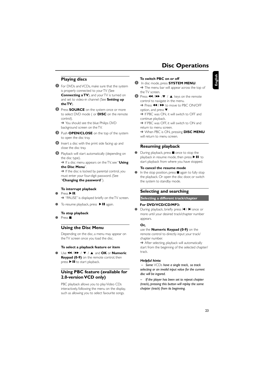 Philips MCD139B owner manual Playing discs, Using the Disc Menu, Using PBC feature available for 2.0-version VCD only 