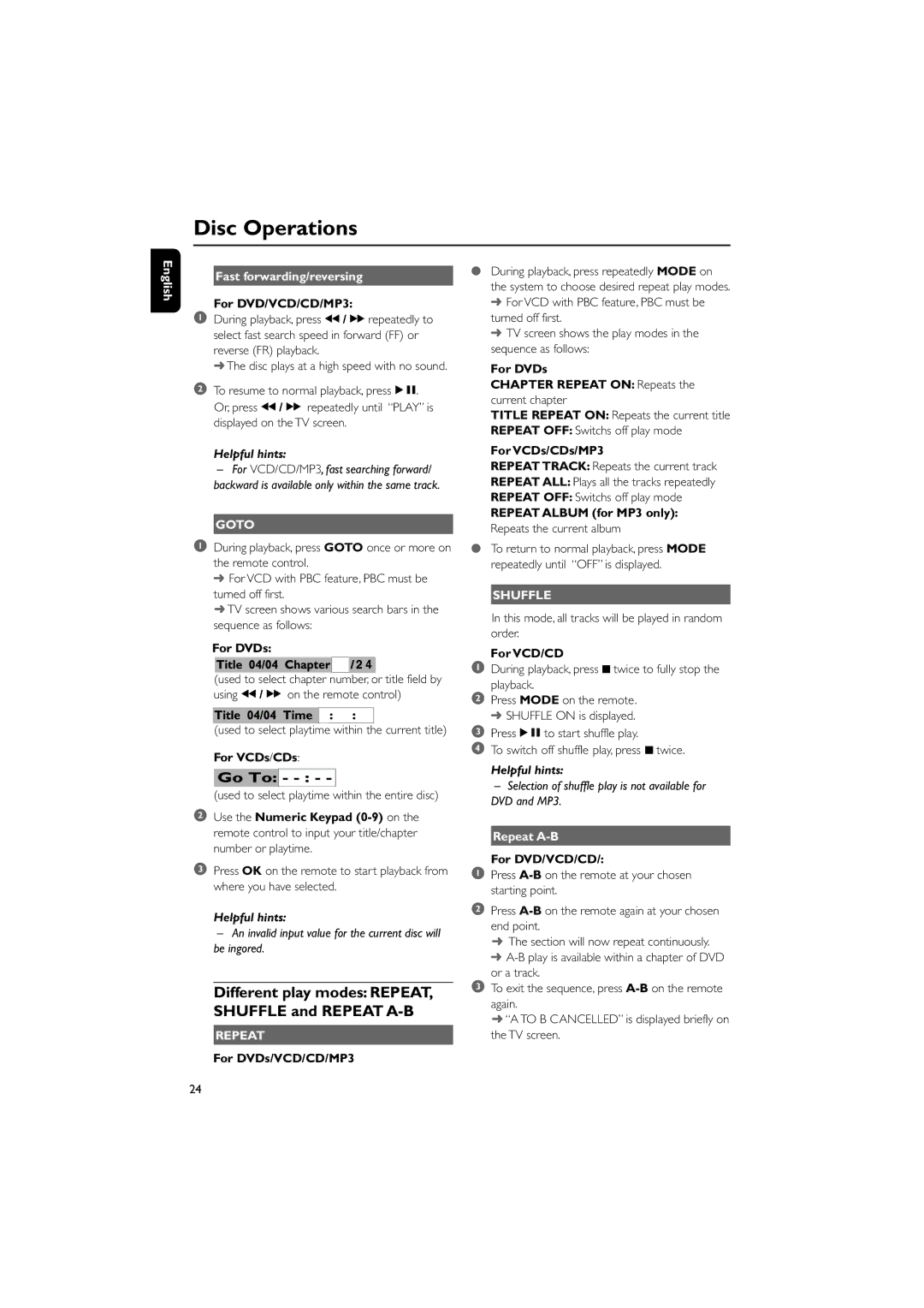 Philips MCD139B owner manual English Fast forwarding/reversing, Repeat A-B 