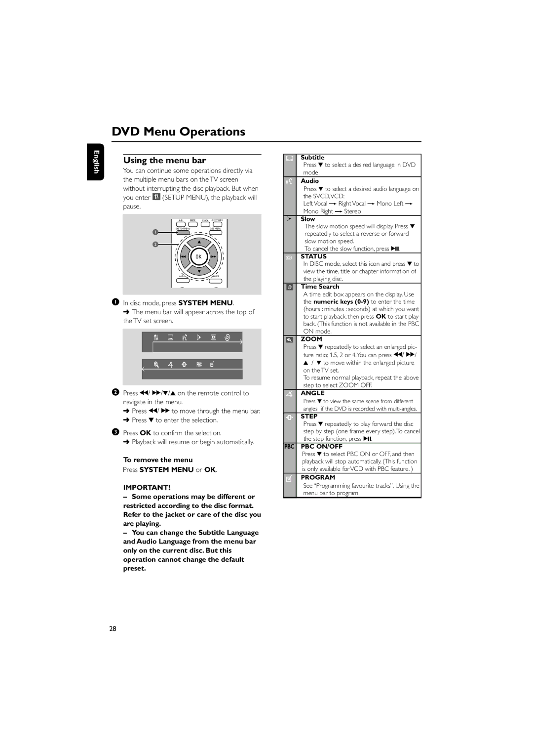 Philips MCD139B owner manual DVD Menu Operations, Using the menu bar 