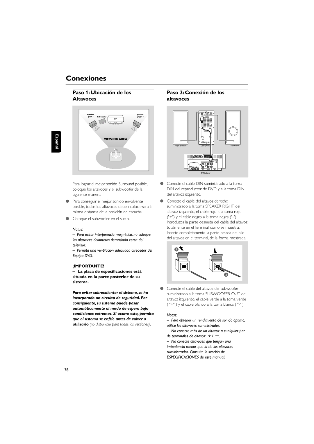 Philips MCD139B Conexiones, Paso 1 Ubicación de los, Paso 2 Conexión de los, Coloque el subwoofer en el suelo, ¡Importante 