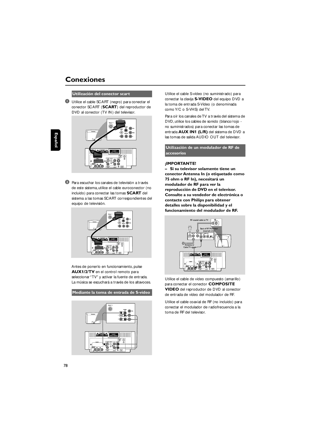 Philips MCD139B user manual Español Utilización del conector scart, Utilización de un modulador de RF de Accesorios 