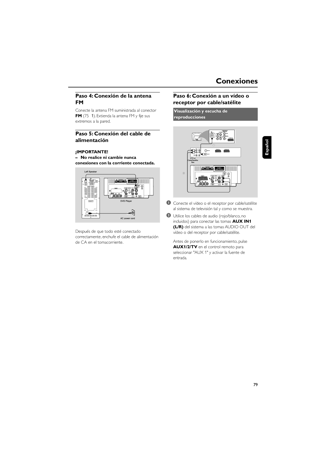 Philips MCD139B user manual Paso 4 Conexión de la antena, Paso 5 Conexión del cable de alimentación 