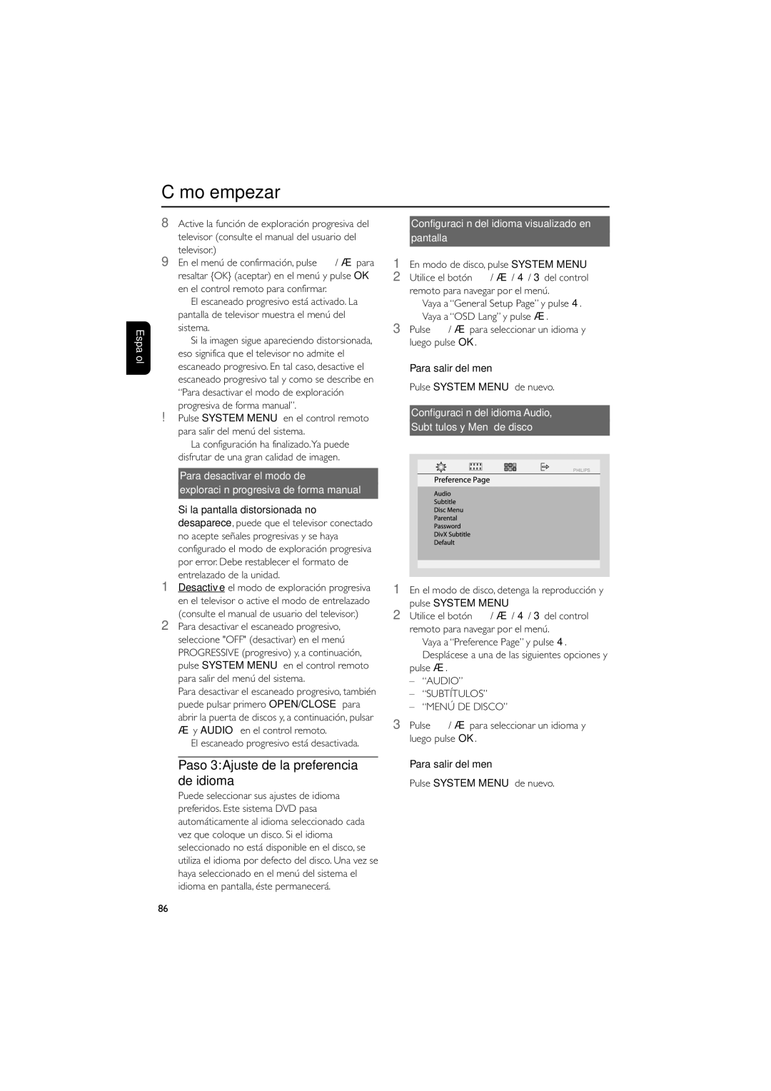 Philips MCD139B user manual Paso 3Ajuste de la preferencia de idioma, Para desactivar el modo de, Pulse System Menu 