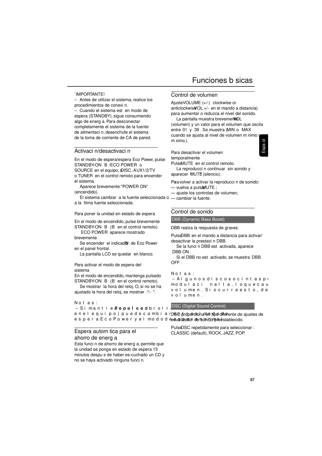 Philips MCD139B user manual Funciones básicas, Activación/desactivación, Espera automática para el Control de volumen 