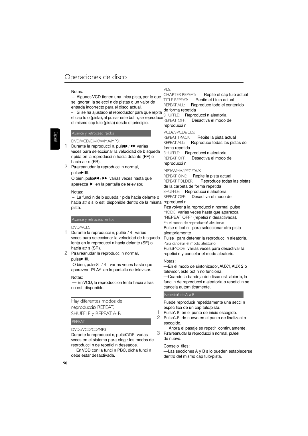 Philips MCD139B user manual Avance y retroceso rápidos, Avance y retroceso lentos, Dvd/Vcd, Repetición de a a B 