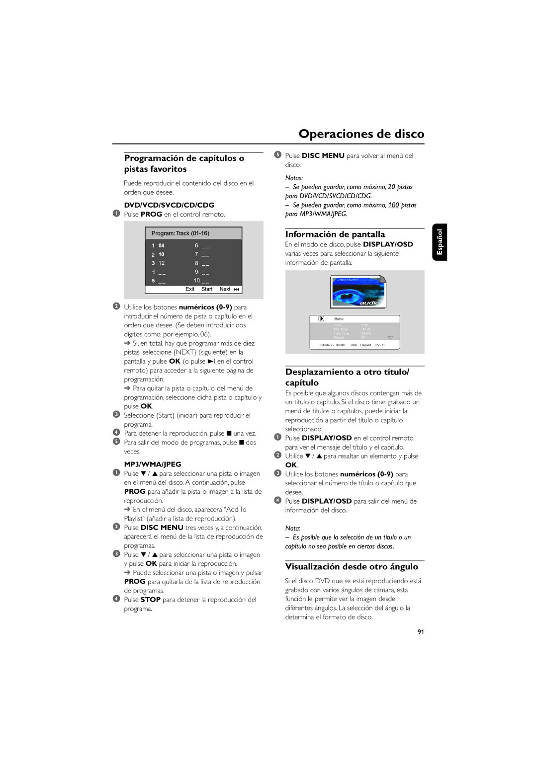 Philips MCD139B Programación de capítulos o pistas favoritos, Información de pantalla, Visualización desde otro ángulo 