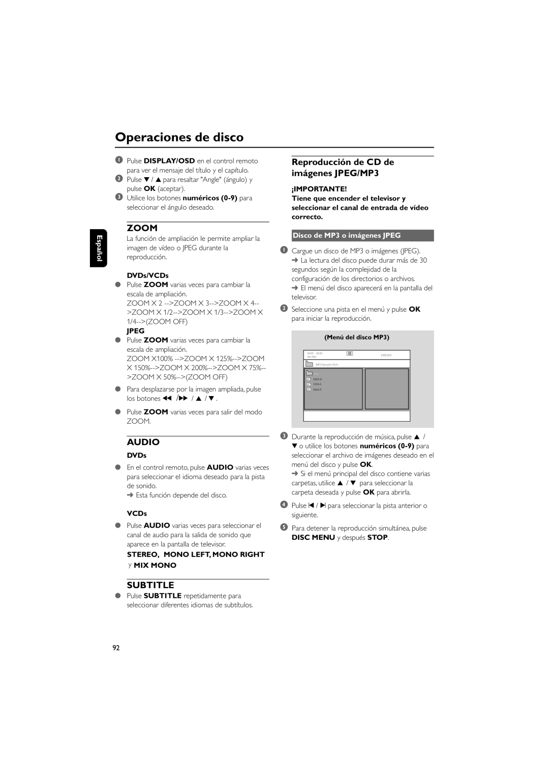 Philips MCD139B user manual Reproducción de CD de imágenes JPEG/MP3, Disco de MP3 o imágenes Jpeg 