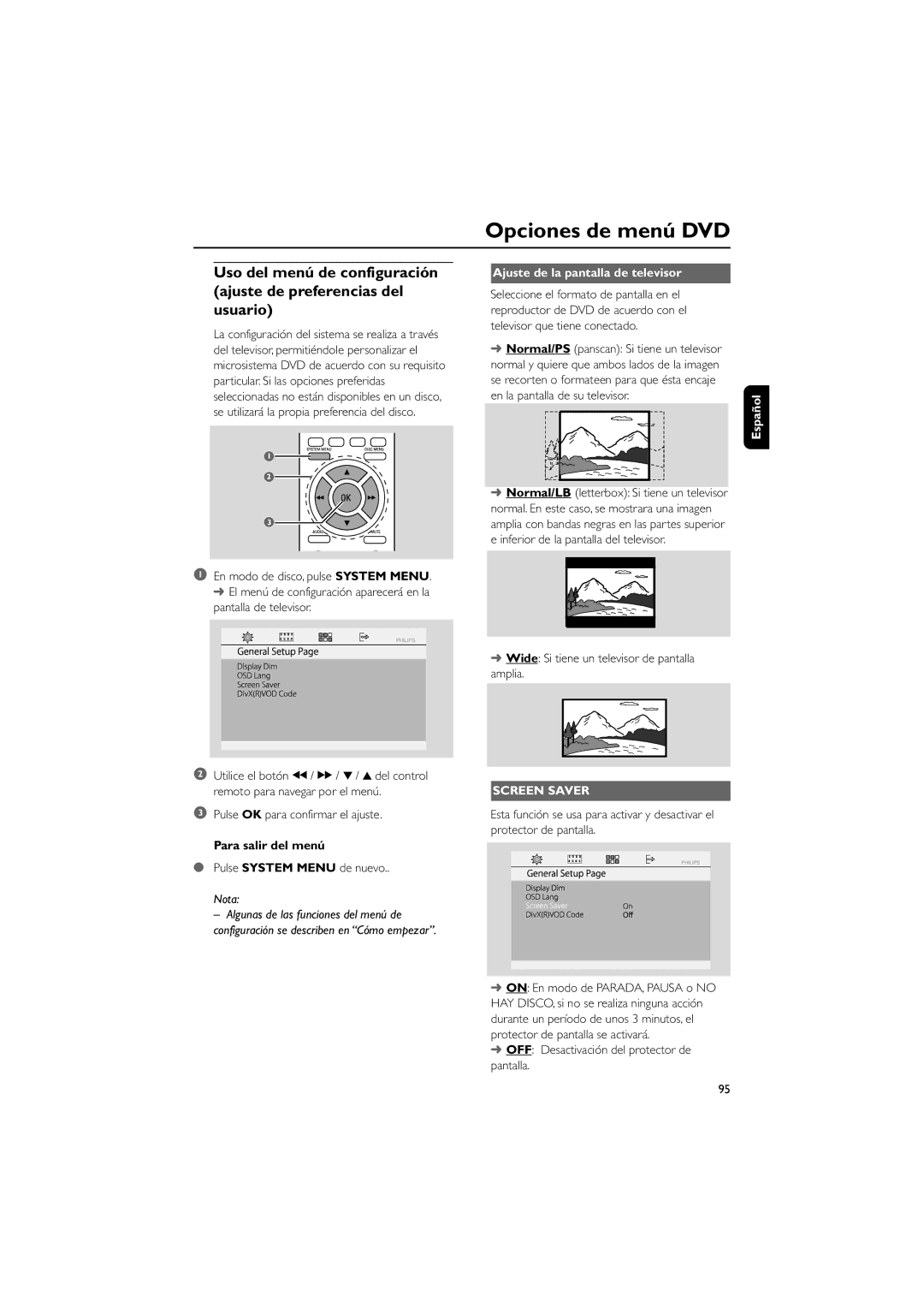 Philips MCD139B Opciones de menú DVD, Ajuste de la pantalla de televisor, Wide Si tiene un televisor de pantalla amplia 