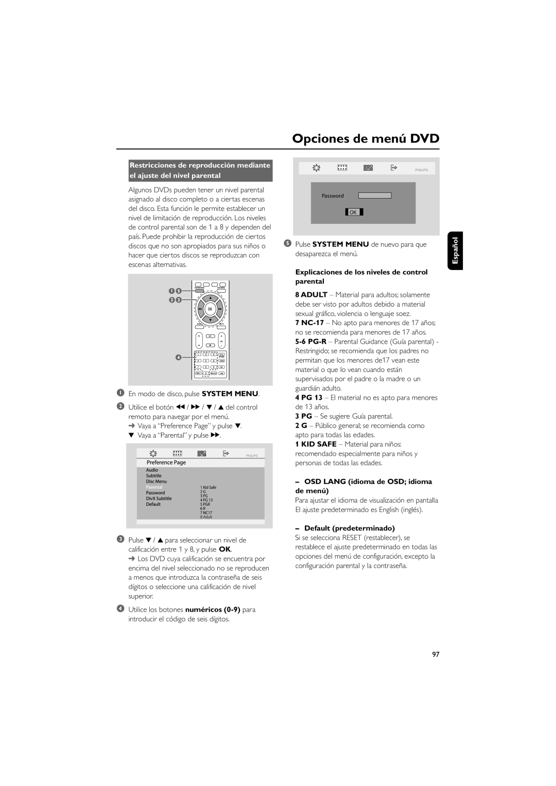 Philips MCD139B El ajuste del nivel parental, Explicaciones de los niveles de control parental, Default predeterminado 