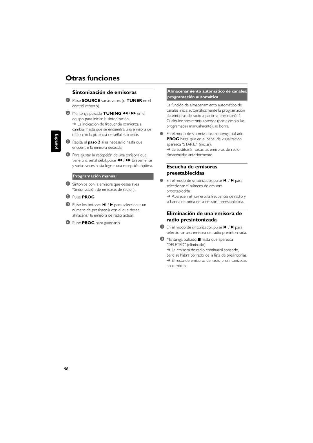 Philips MCD139B Otras funciones, Sintonización de emisoras, Escucha de emisoras preestablecidas, Radio presintonizada 