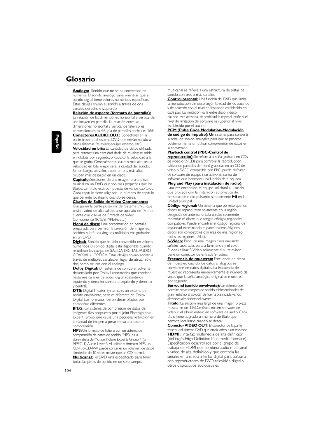 Philips MCD139B user manual Glosario, 104 