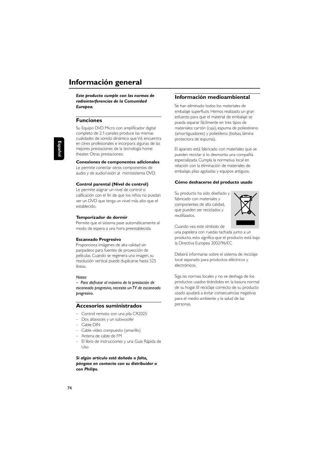 Philips MCD139B user manual Información general, Funciones, Accesorios suministrados, Información medioambiental 