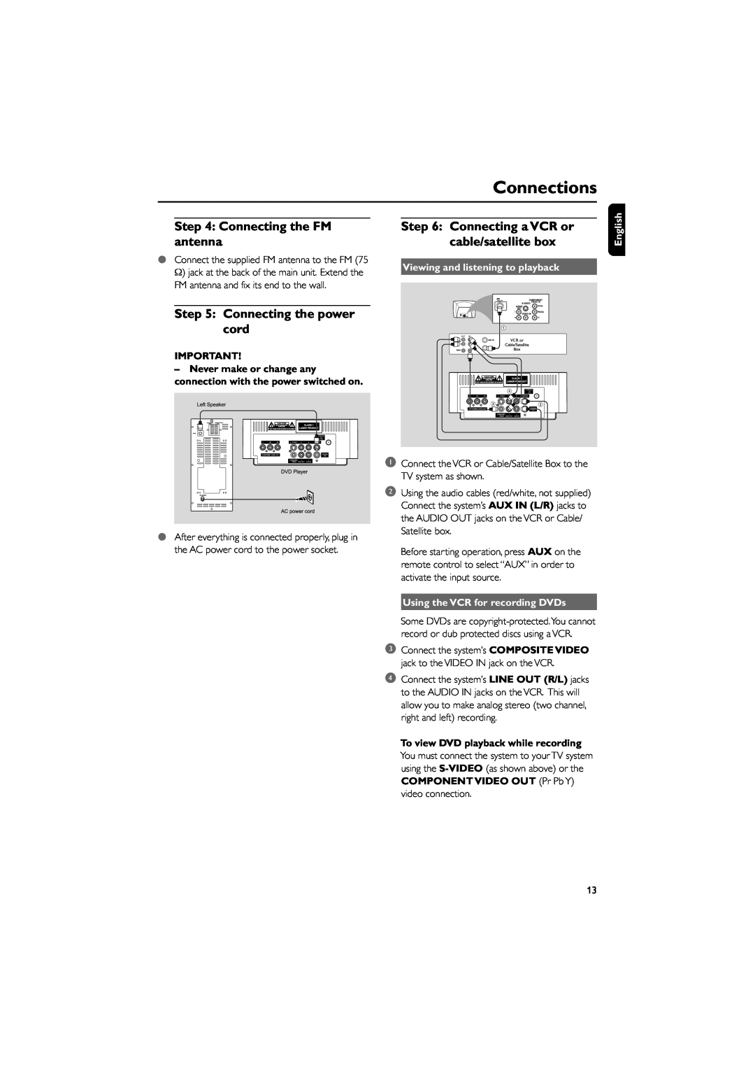 Philips MCD139B owner manual Connections, Connecting the FM, Connecting a VCR or, antenna, cable/satellite box, English 