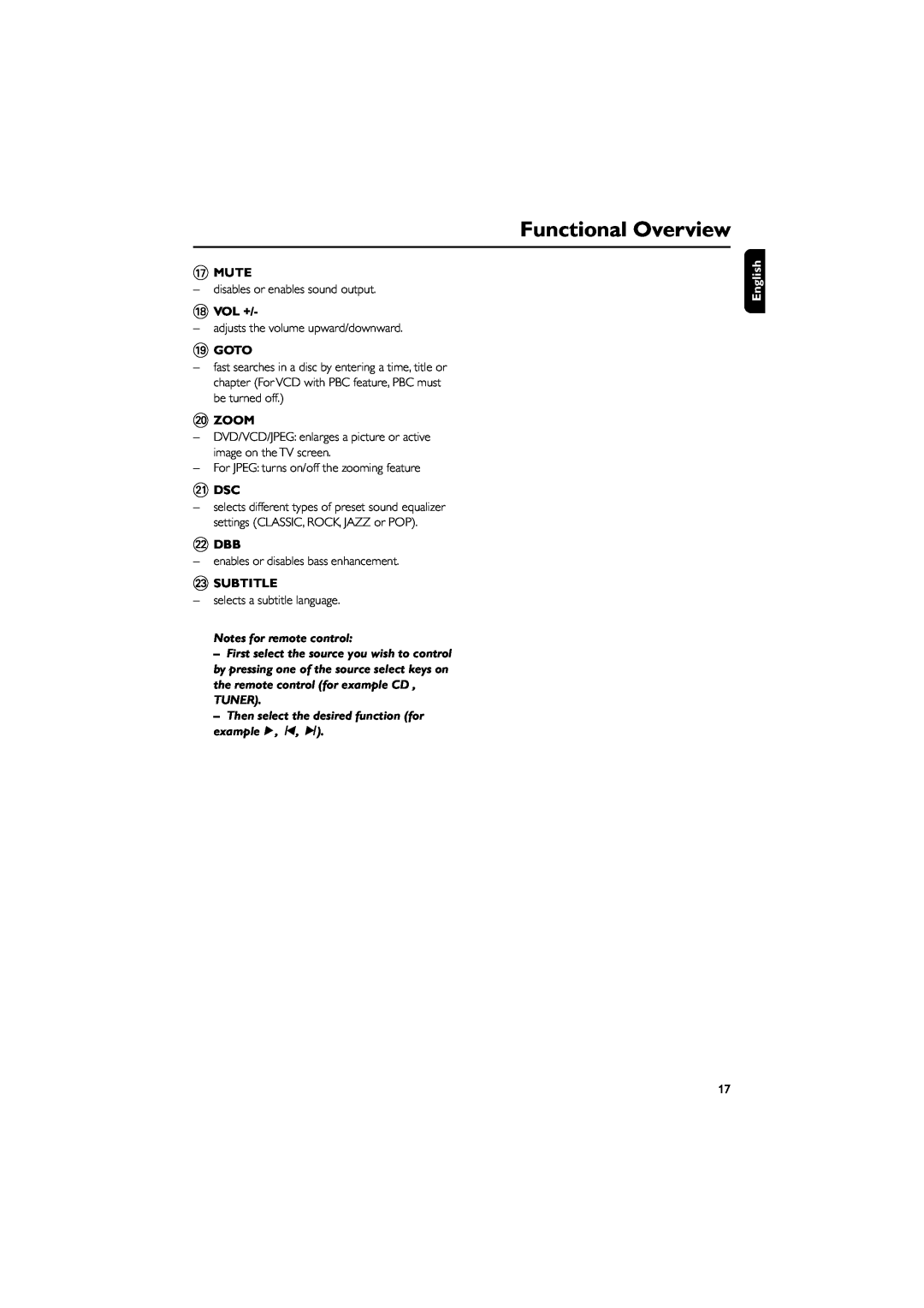 Philips MCD139B owner manual Functional Overview, Mute, Vol +, Goto, Zoom, ¡Dsc, £Subtitle, English 