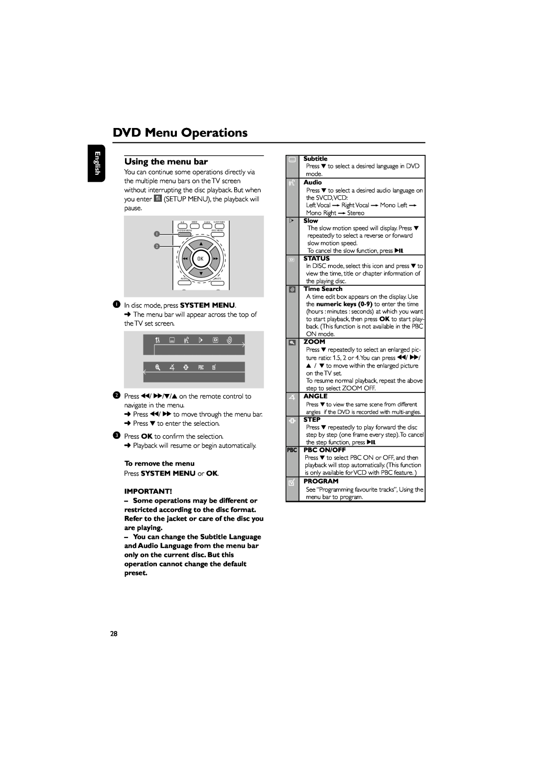 Philips MCD139B owner manual DVD Menu Operations, Using the menu bar, English, To remove the menu Press SYSTEM MENU or OK 