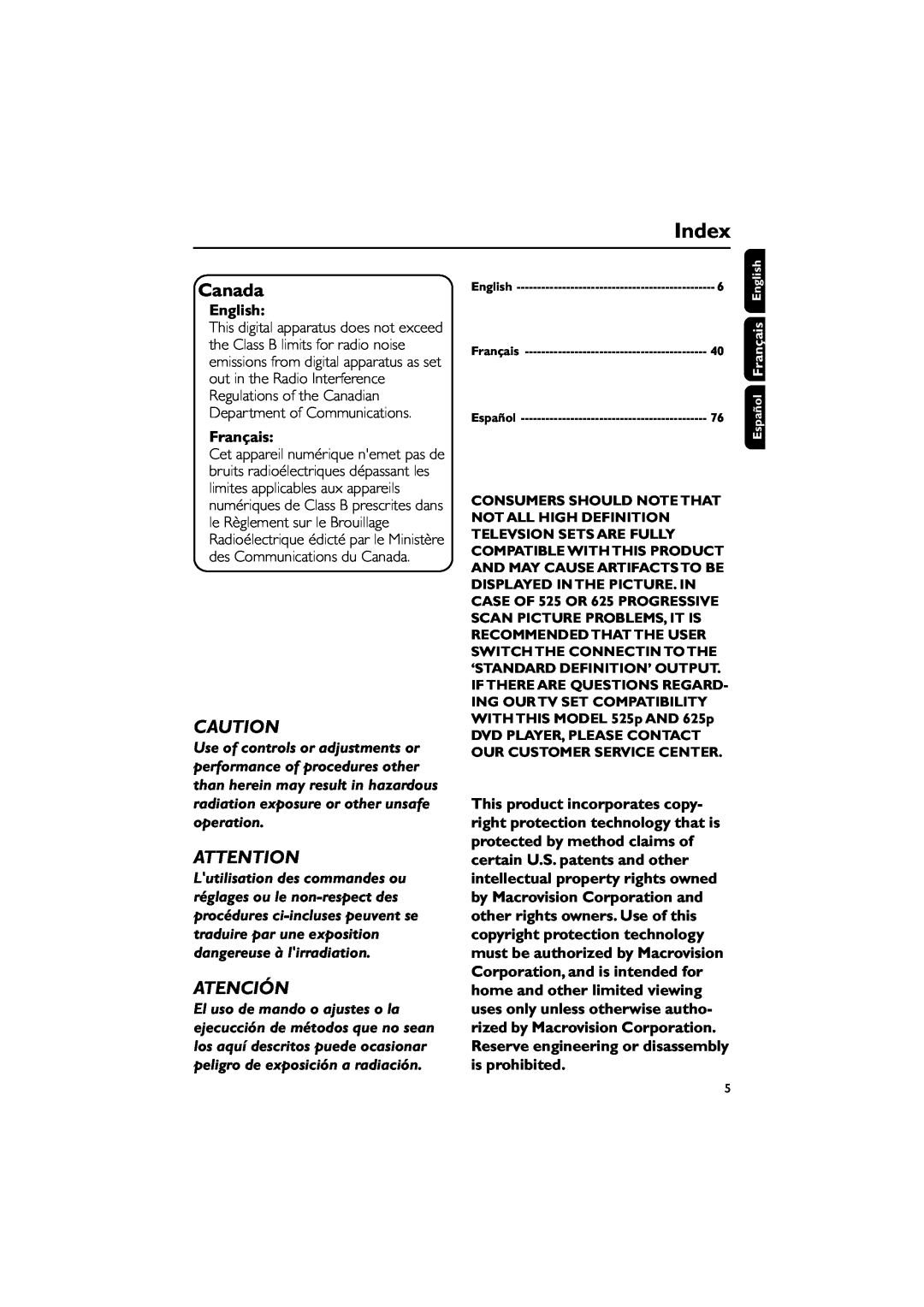Philips MCD139B owner manual Index, English, Français, Canada, Atención 