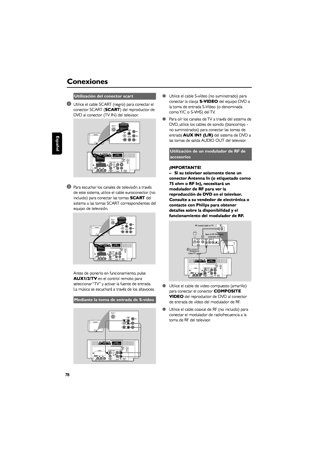 Philips MCD139B Utilización del conector scart, Utilización de un modulador de RF de accesorios, Conexiones, Español 