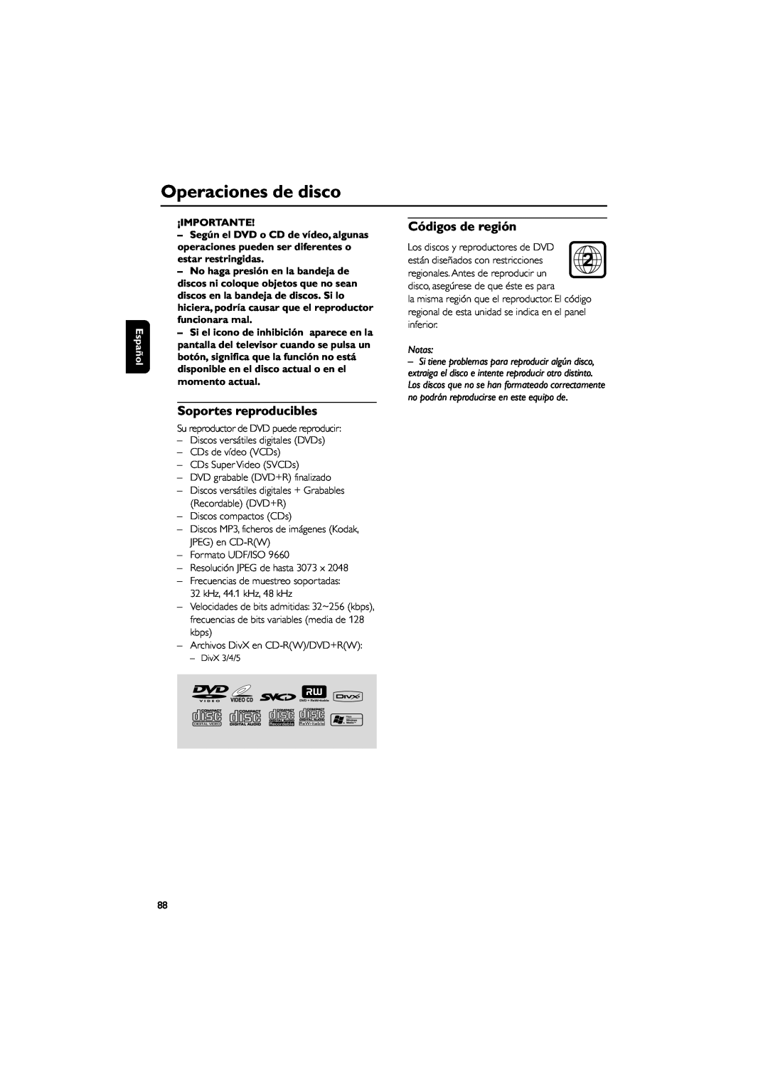 Philips MCD139B user manual Operaciones de disco, Códigos de región, Soportes reproducibles, Español, ¡Importante, Notas 