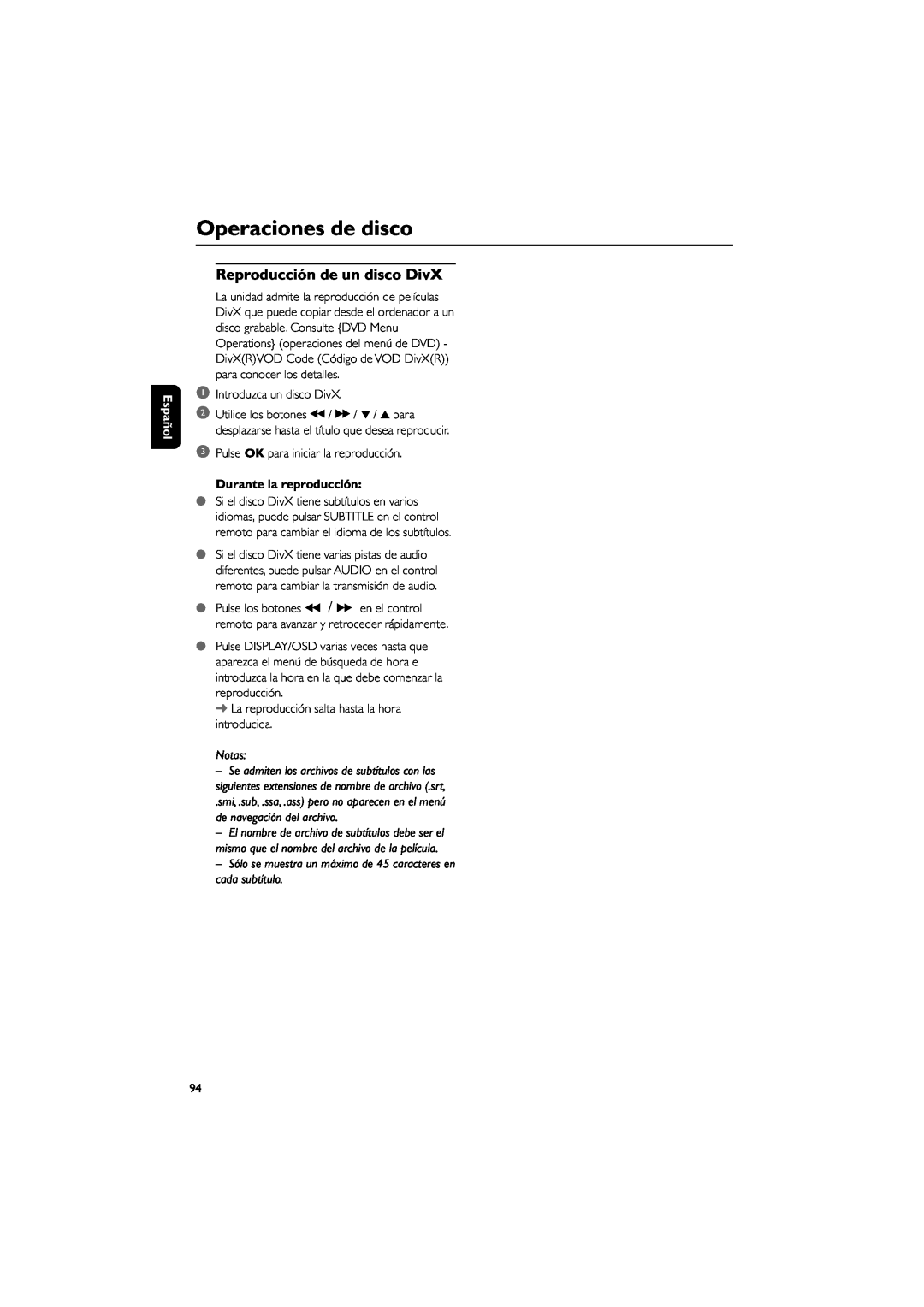 Philips MCD139B user manual Reproducción de un disco DivX, Durante la reproducción, Operaciones de disco, Español, Notas 