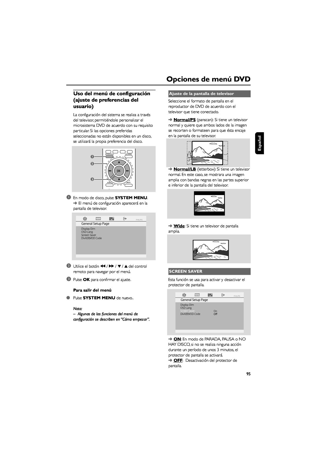 Philips MCD139B Opciones de menú DVD, Ajuste de la pantalla de televisor, Screen Saver, Para salir del menú, Nota, Español 
