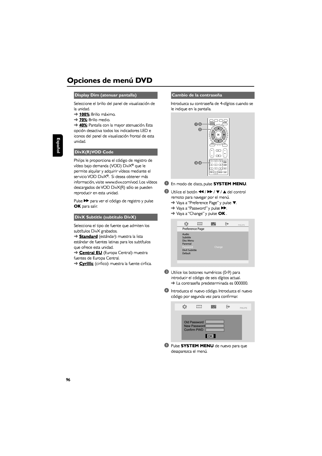 Philips MCD139B Display Dim atenuar pantalla, DivXRVOD Code, DivX Subtitle subtítulo DivX, Opciones de menú DVD, Español 