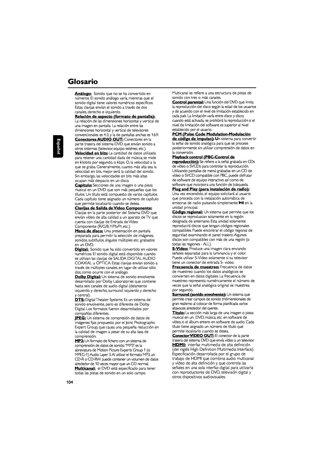 Philips MCD139B user manual Glosario, Español 