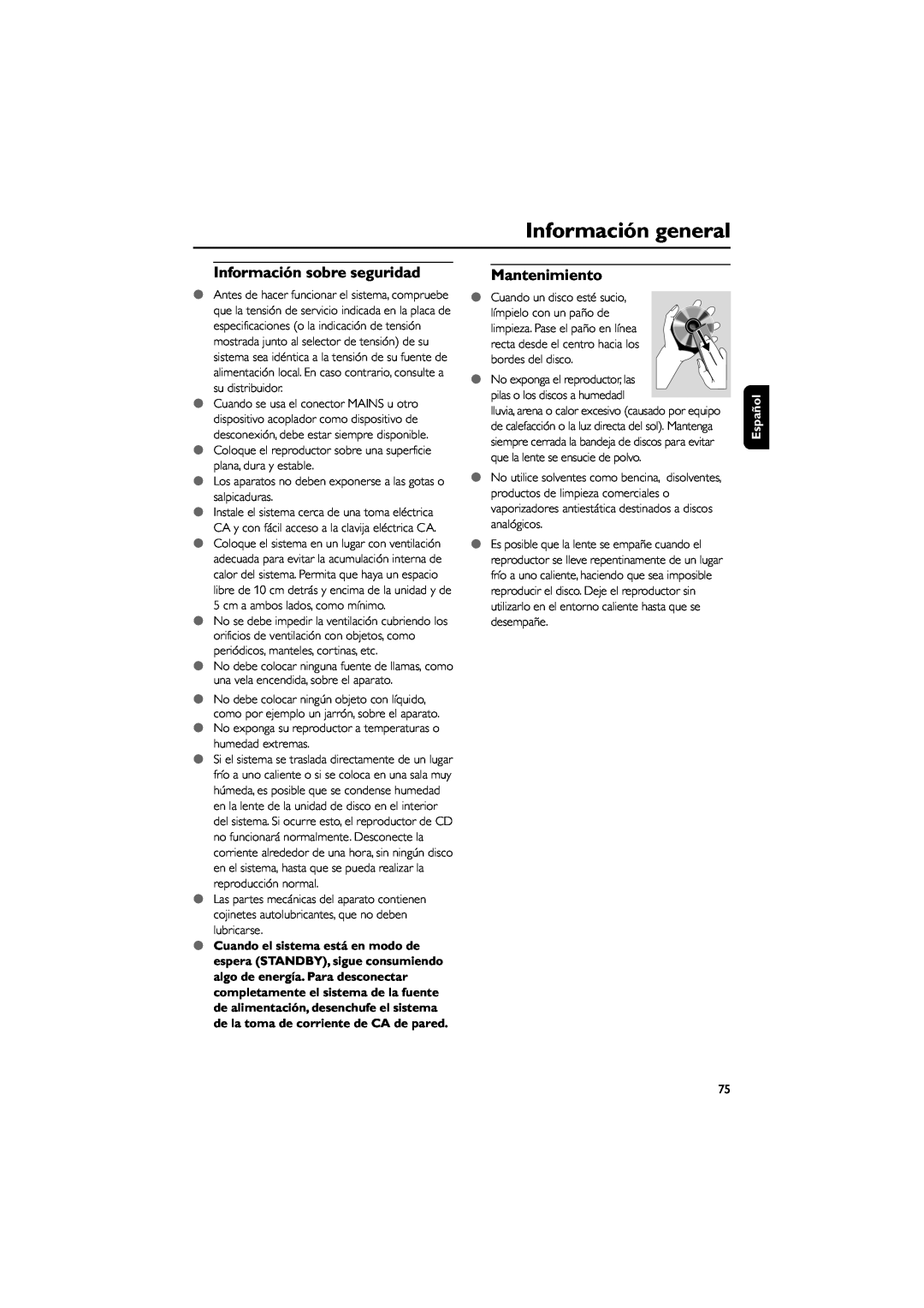 Philips MCD139B user manual Información sobre seguridad, Mantenimiento, Información general, Español 