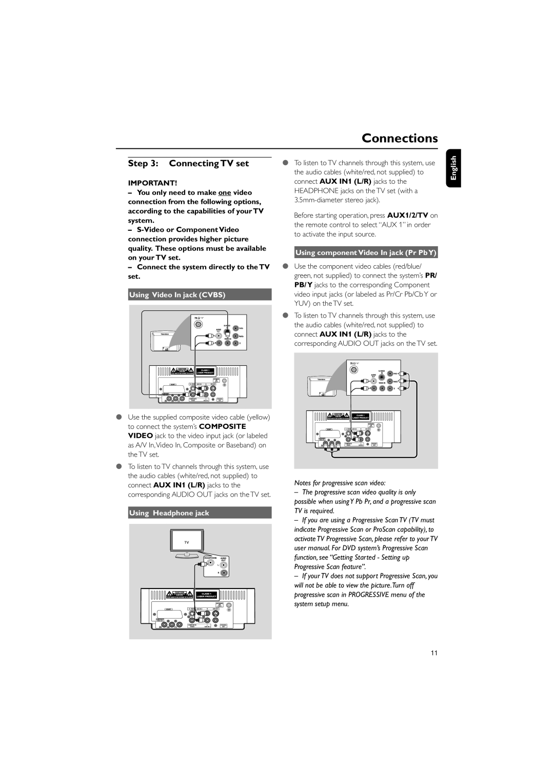 Philips MCD139B/12 Connecting TV set, Using Video In jack Cvbs, Using Headphone jack, Using component Video In jack Pr PbY 