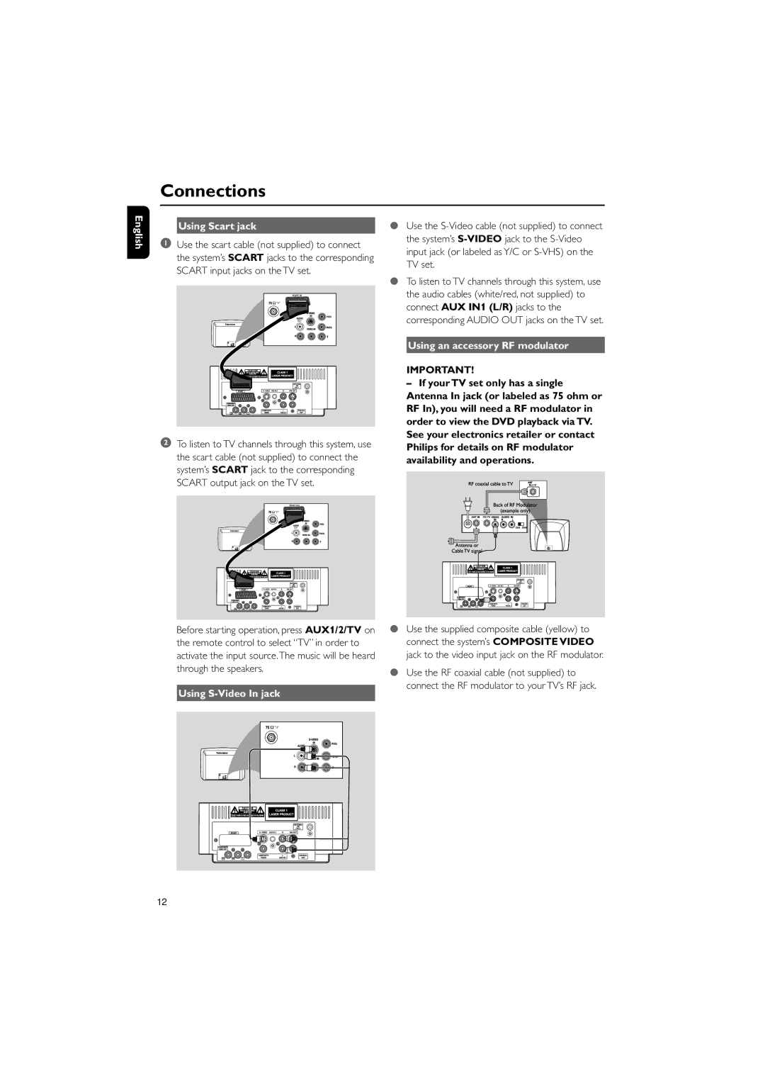 Philips MCD139B/12 user manual English Using Scart jack, Using S-Video In jack, Using an accessory RF modulator 