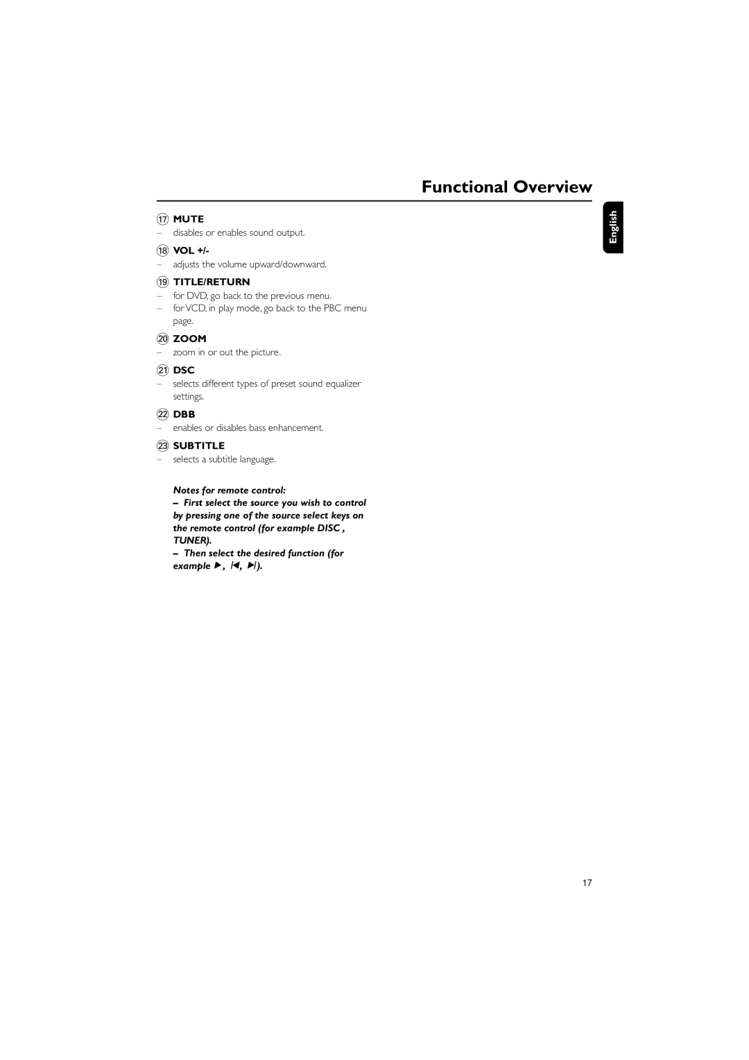 Philips MCD139B/12 Disables or enables sound output, Vol +, Zoom in or out the picture, Selects a subtitle language 