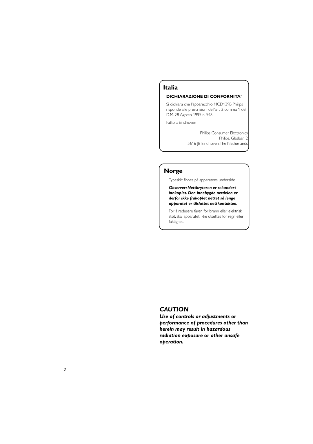 Philips MCD139B/12 user manual Italia, Typeskilt finnes pŒ apparatens underside 