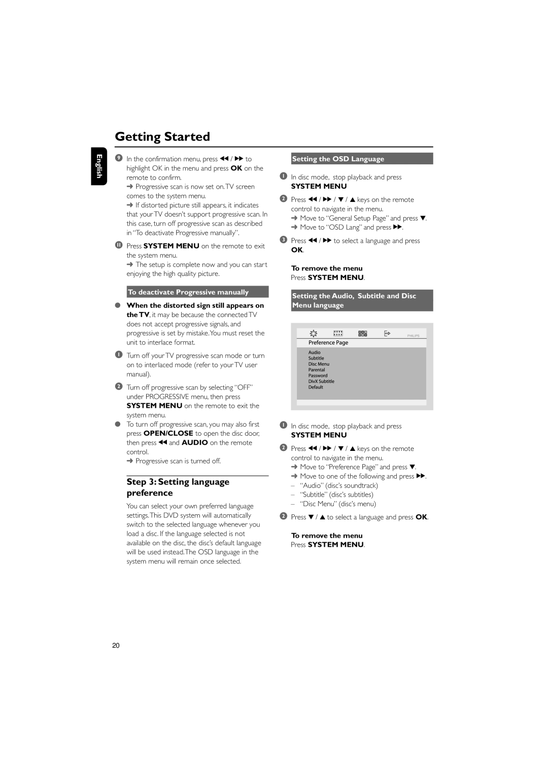 Philips MCD139B/12 user manual Setting language preference, To deactivate Progressive manually, Setting the OSD Language 