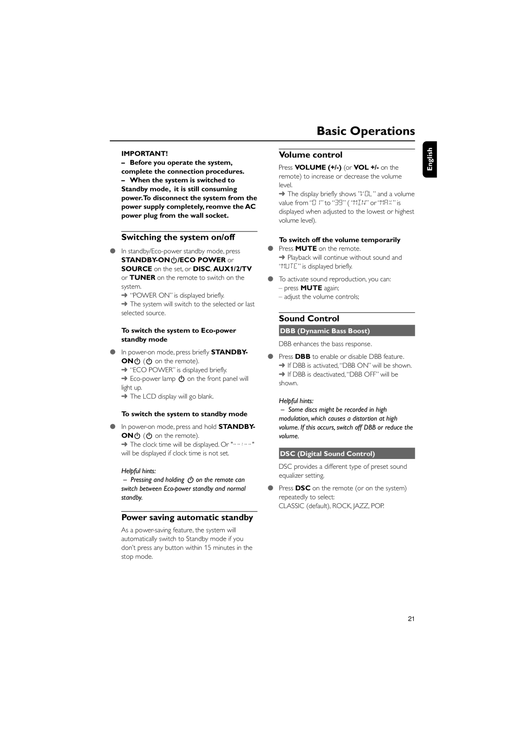 Philips MCD139B/12 user manual Basic Operations, Switching the system on/off, Volume control, Sound Control 