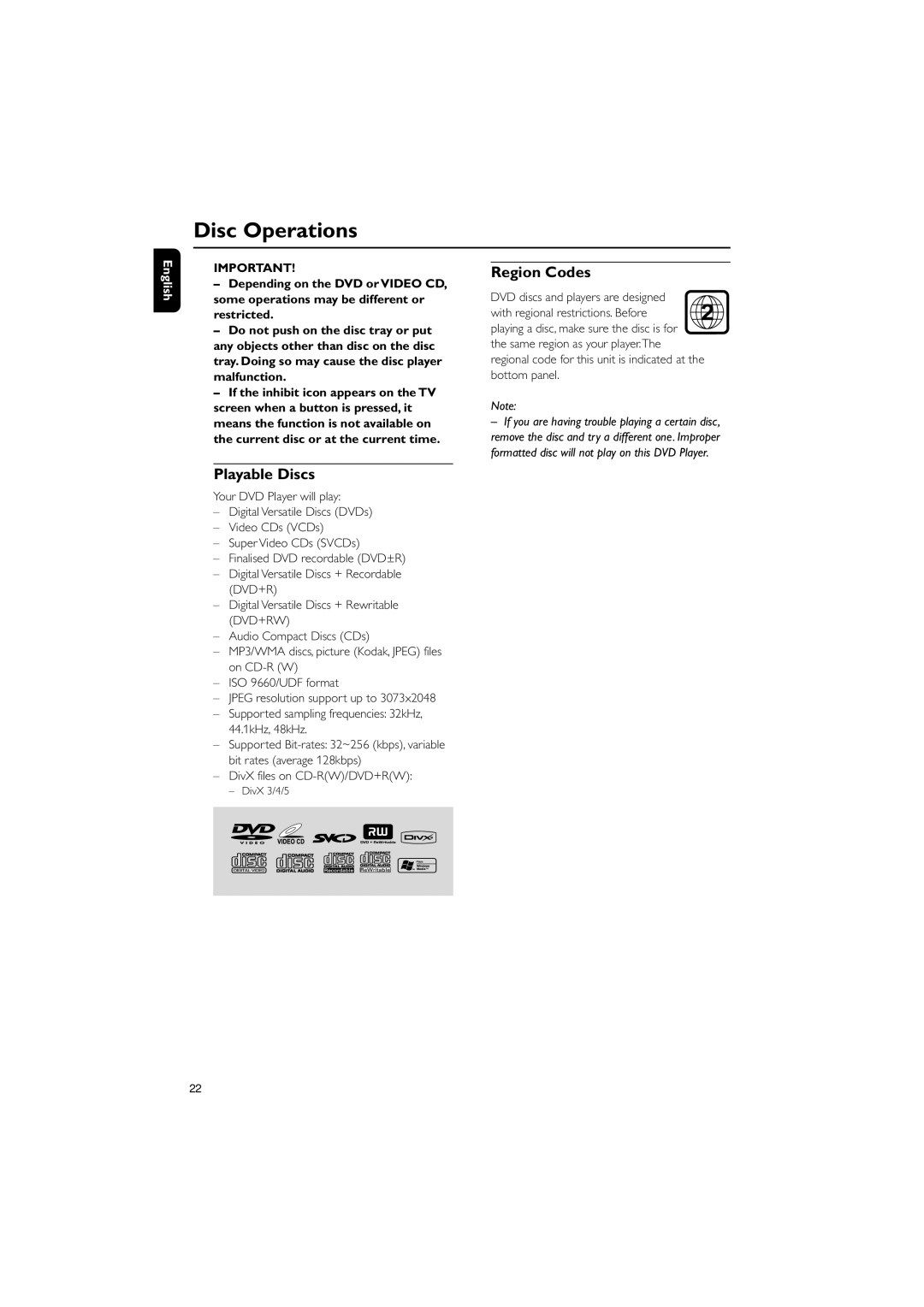 Philips MCD139B/12 user manual Disc Operations, Region Codes, Playable Discs 