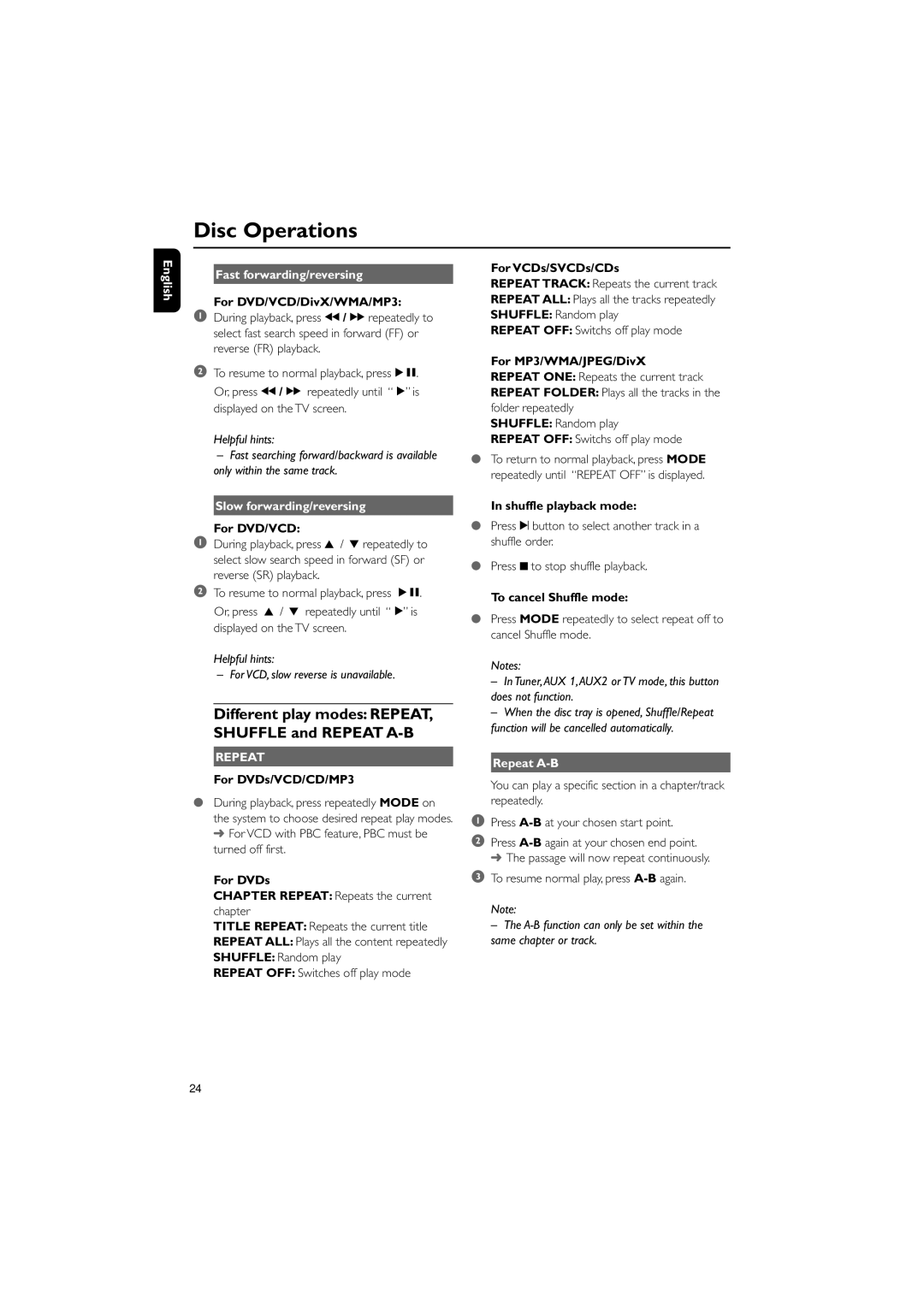 Philips MCD139B/12 user manual English Fast forwarding/reversing, Slow forwarding/reversing, Repeat A-B 